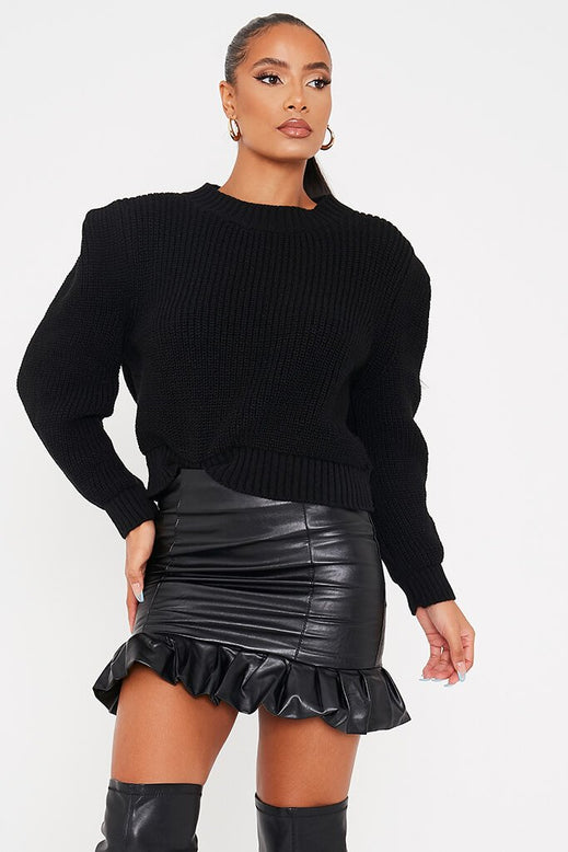 Black Faux Leather Frill Hem Mini Skirt | Skirts | Mini skirt | I SAW ...