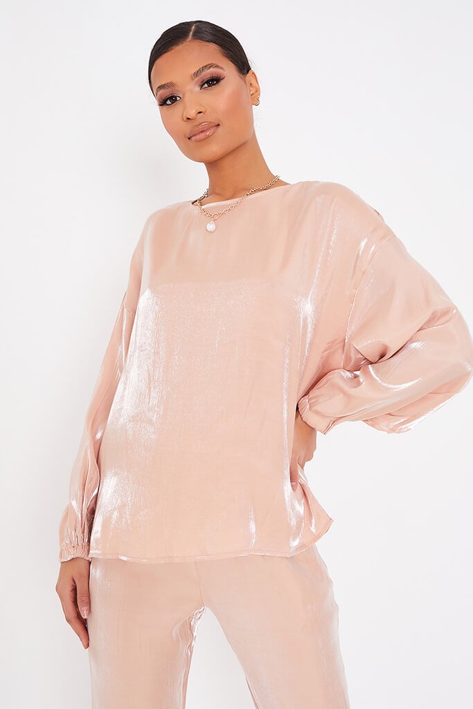 Nude Satin Long Sleeve Blouse