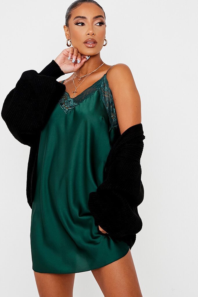 Emerald Green Lace Trim Satin Cami Shift Dress