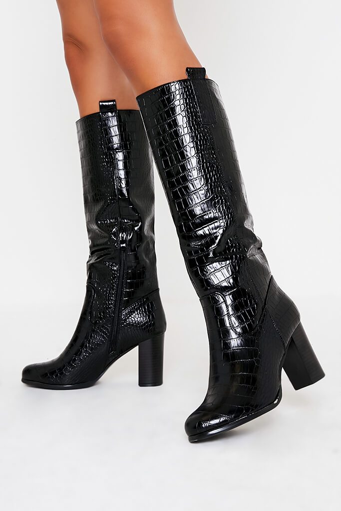 Black Croc Knee High Boots | Long boots | I SAW IT FIRST