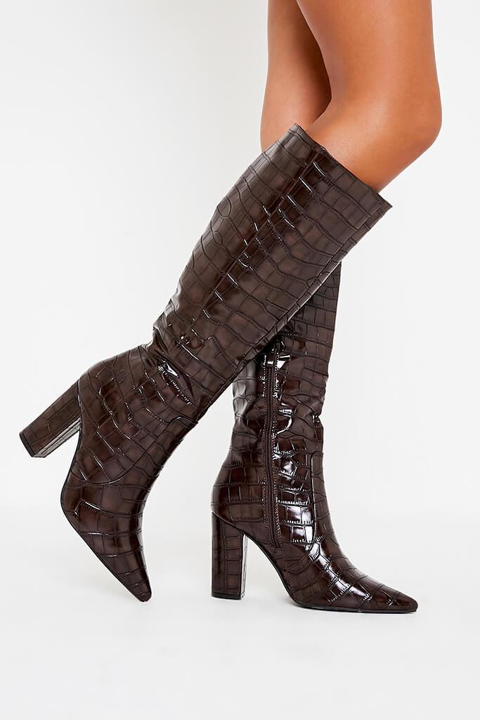 Brown High Shine Croc Faux Leather Knee High Boots | Long boots | I SAW ...