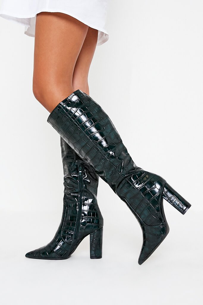 Green High Shine Croc Knee High Boots