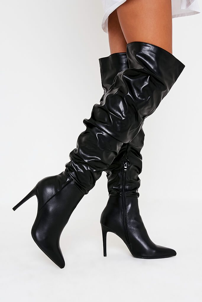 Black Faux Leather Ruched Over The Knee Boots