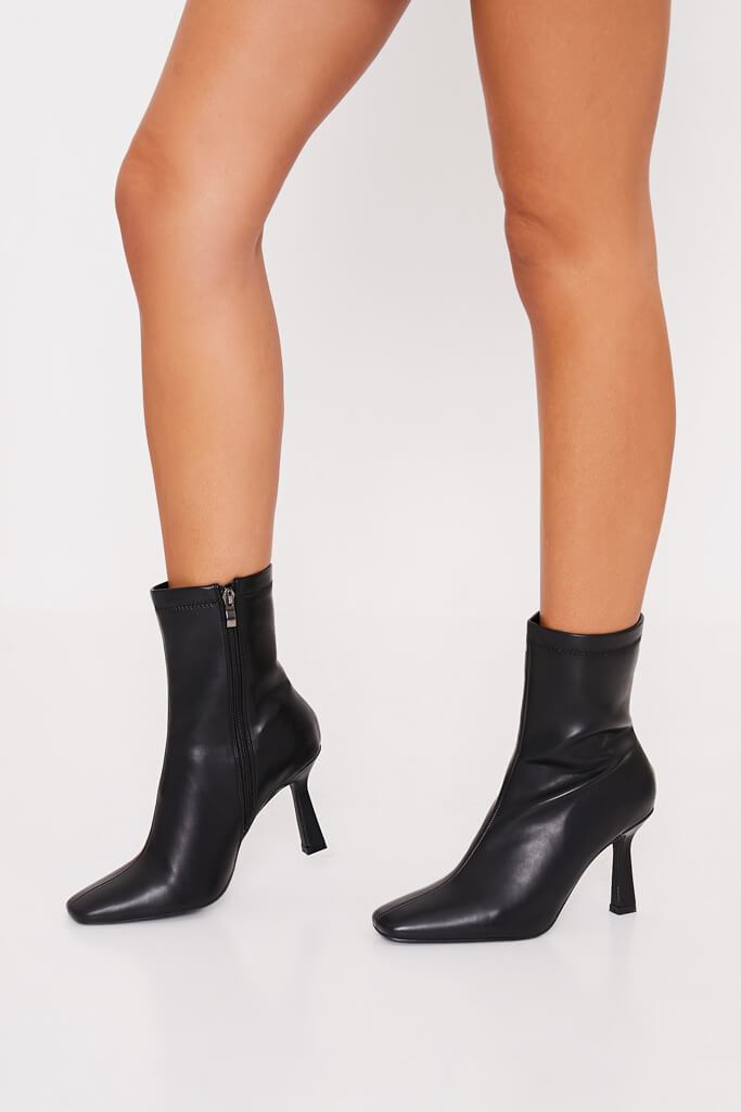 Black Faux Leather Square Toe Heeled Ankle Boots