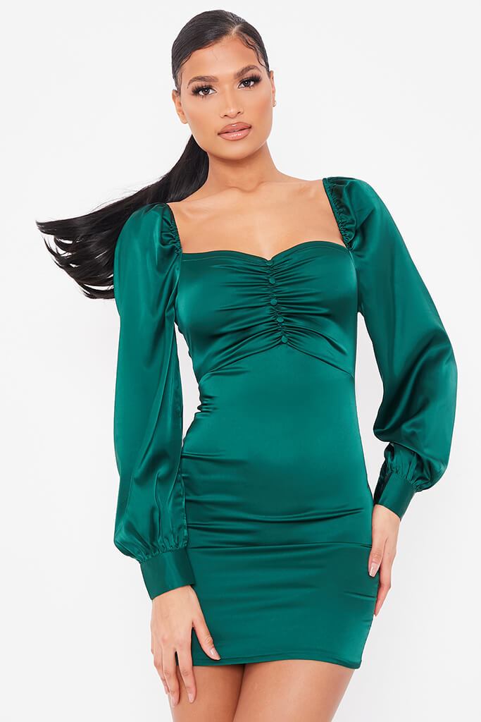 Green Satin Puff Sleeve Button Detail Bodycon Dress