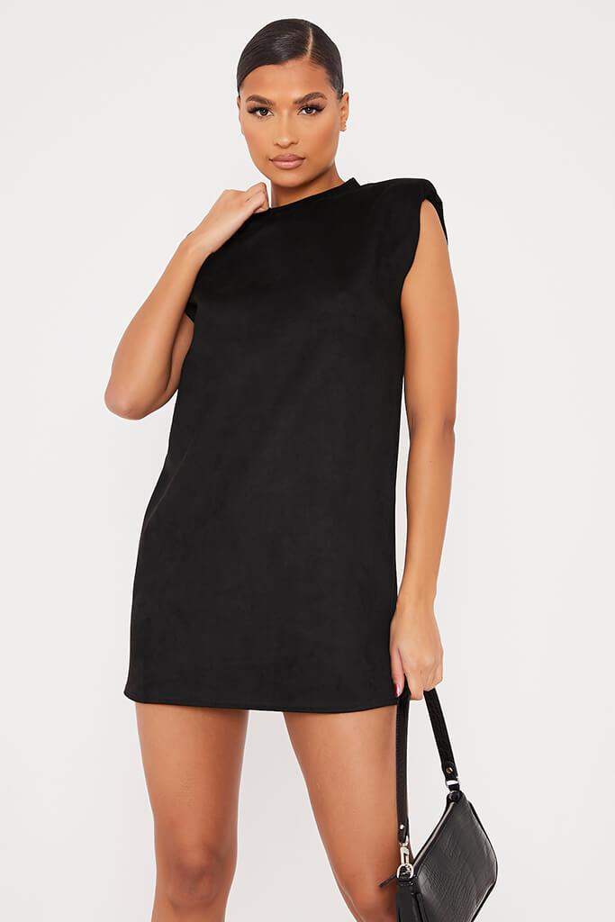 Black Suede Shoulder Pad Sleevless Shift Dress