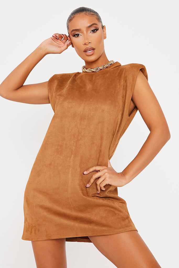 Camel Suede Shoulder Pad Sleevless Shift Dress