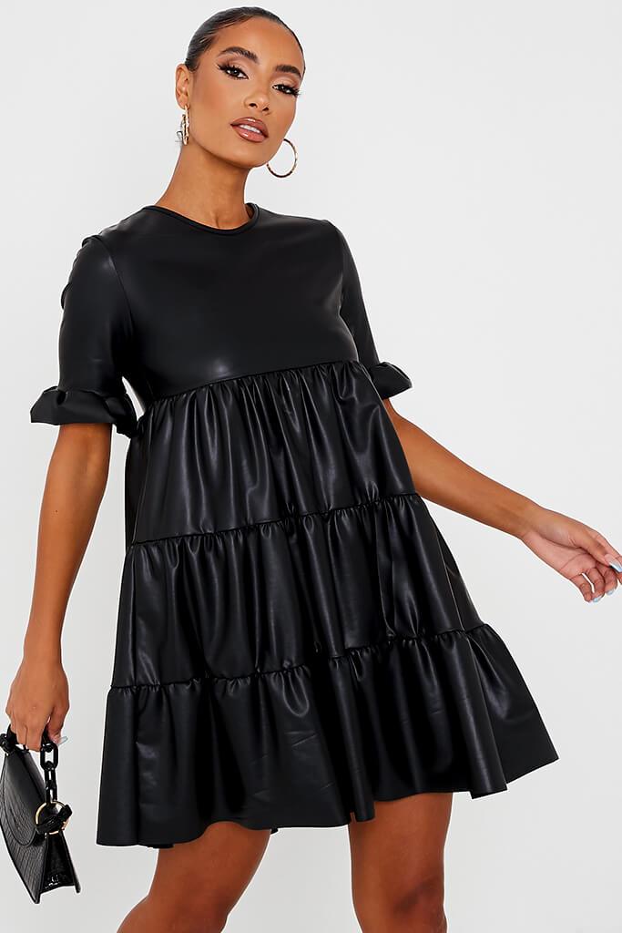 Black Faux Leather Frill Detail Tiered Smock Dress