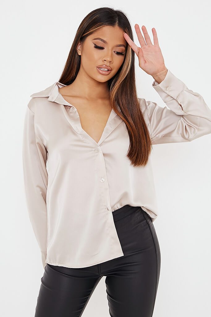 champagne satin button front shirt