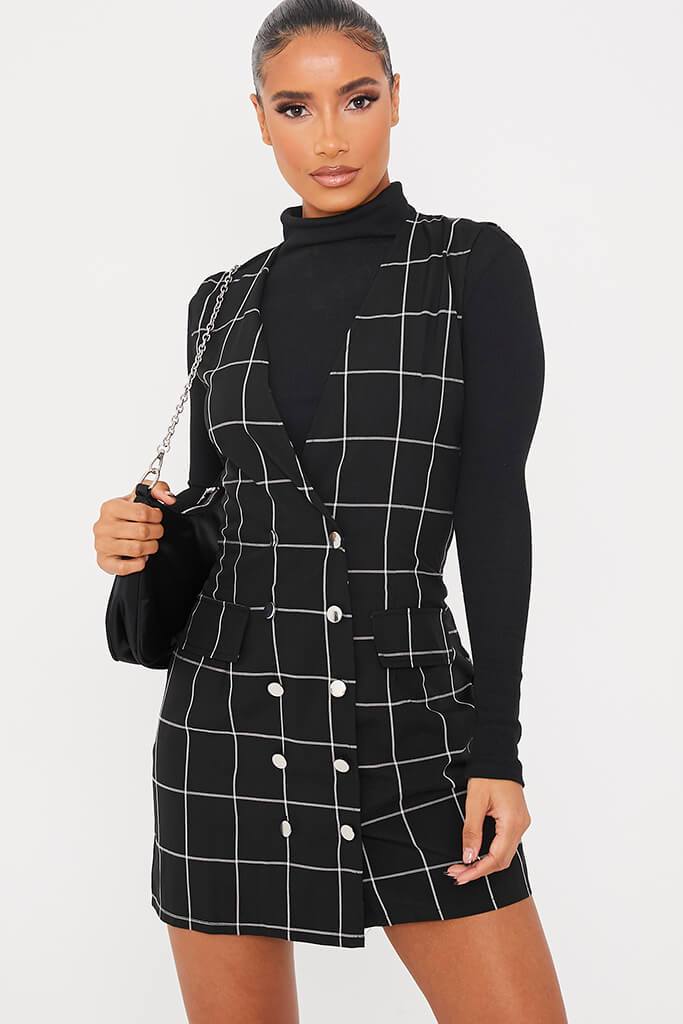 Black Woven Check Print Sleeveless Blazer Dress