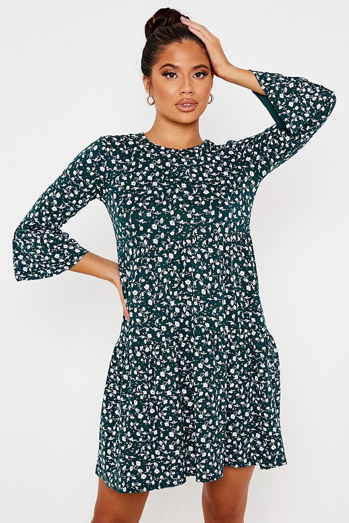 Emerald Green Jersey Floral Tiered Hem Smock Dress