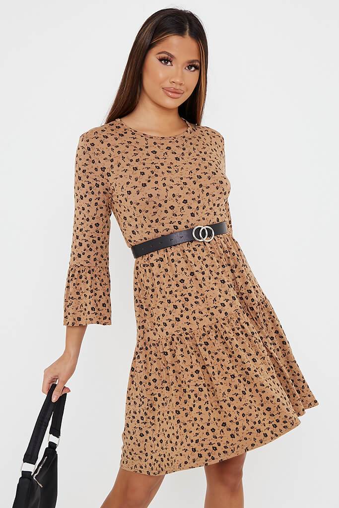 Camel Jersey Leopard Print Tiered Hem Smock Dress