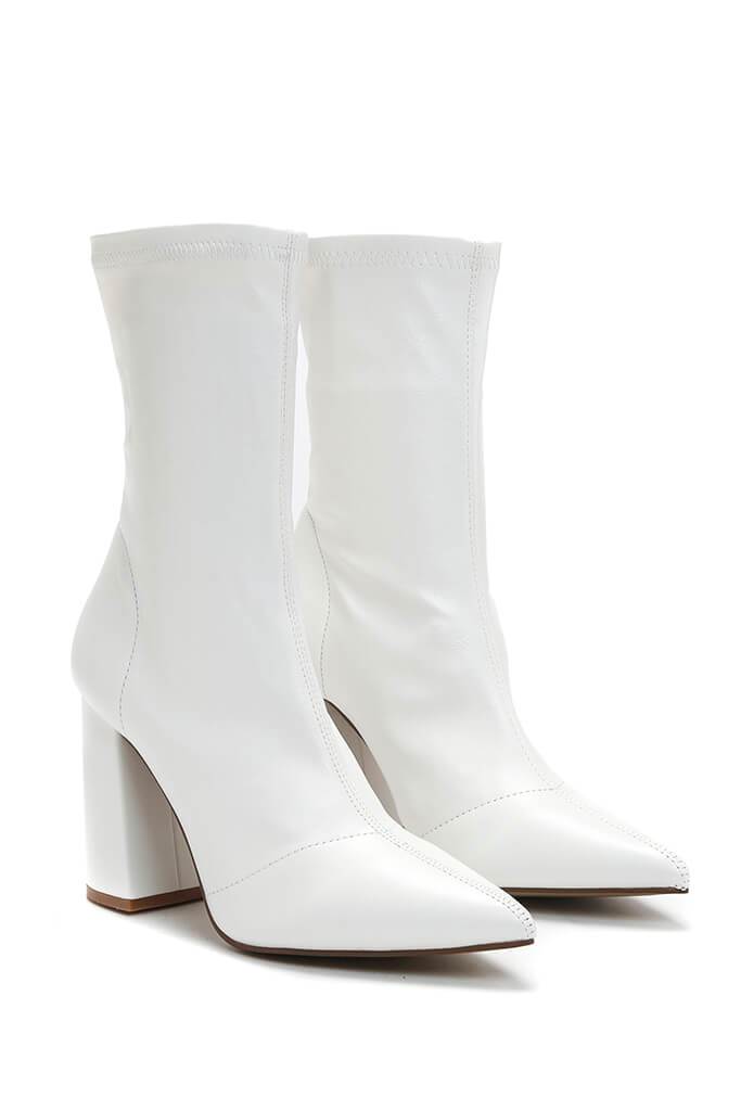 White Block Heel Sock Boots
