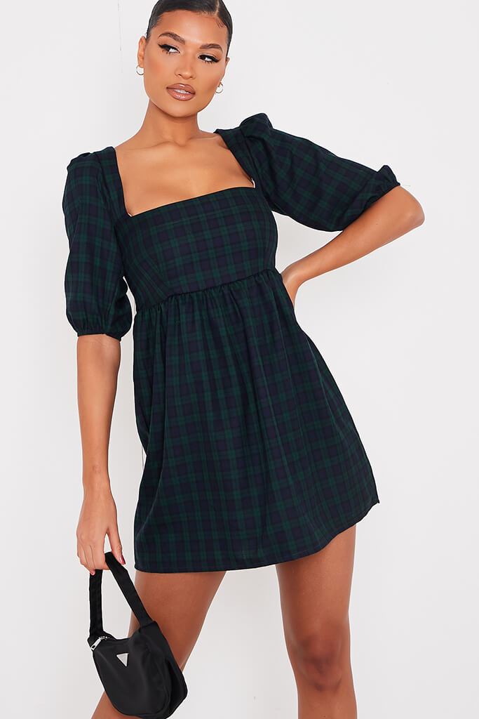 Green Woven Check Print Square Neck Smock Dress