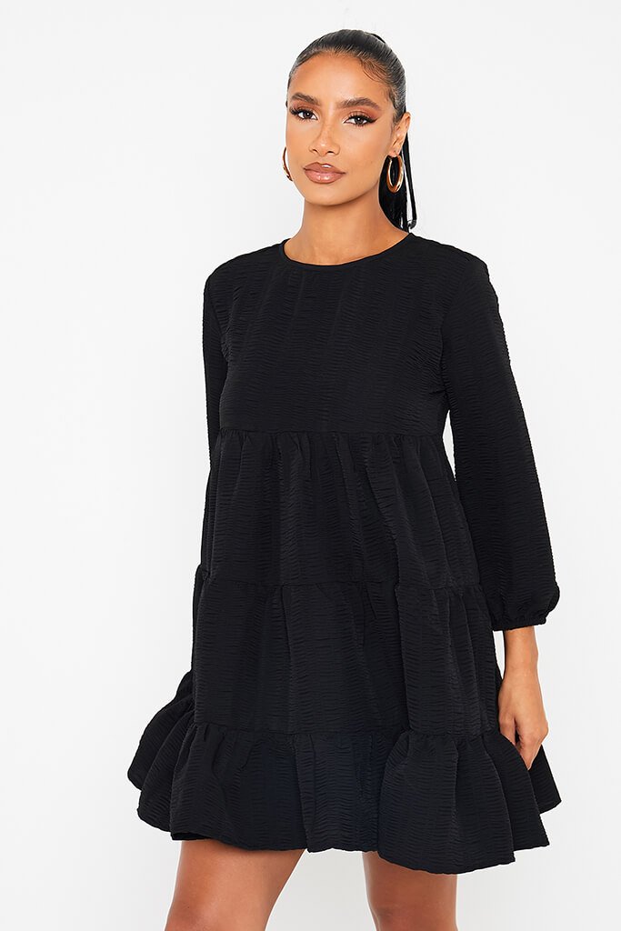 Black Woven Waffle Tiered Smock Dress