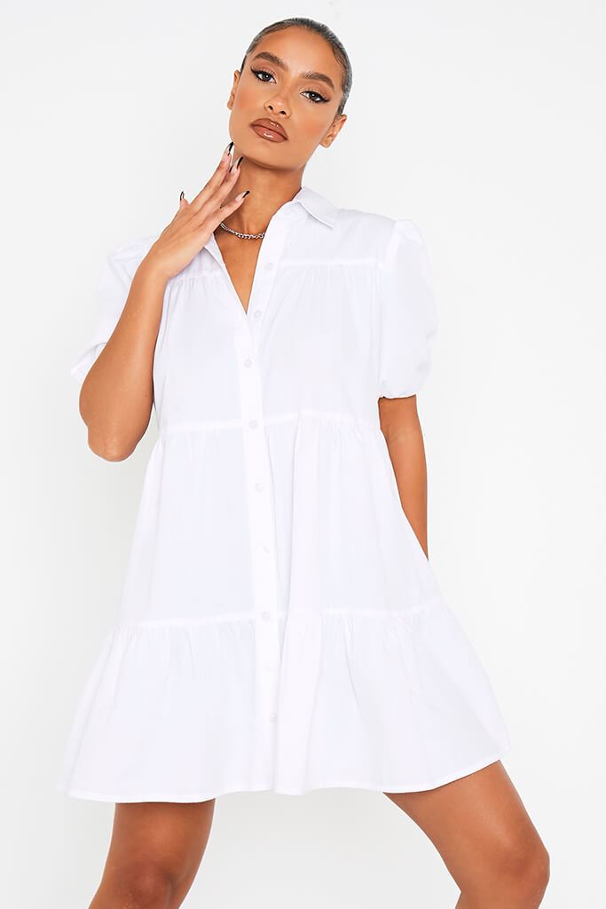 White Poplin Puff Sleeve Tiered Smock Shirt Dress