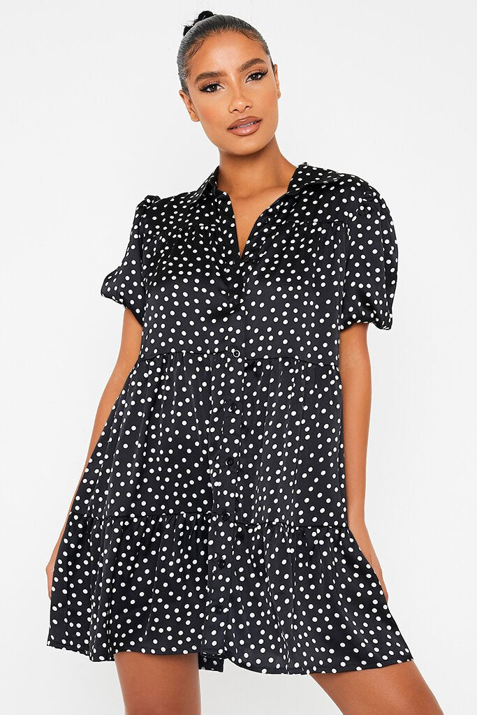 Black Polka Dot Satin Puff Sleeve Tiered Smock Shirt Dress