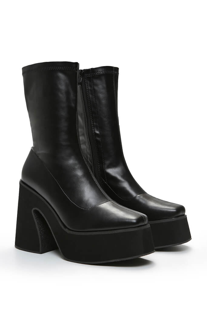 Black Black Faux Leather Platform Heeled Boot