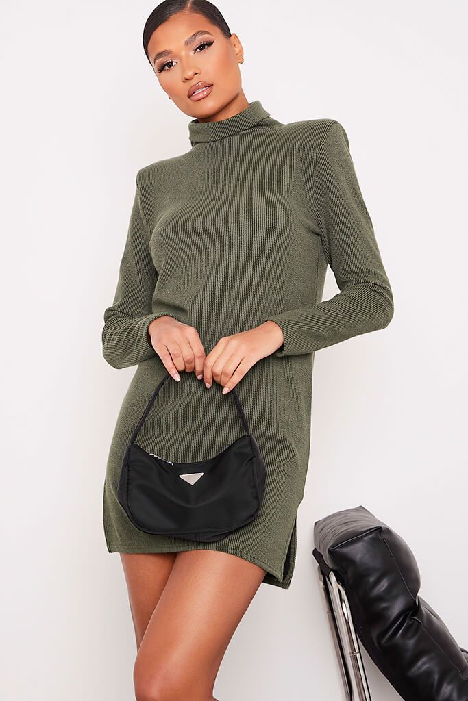 Khaki Rib Shoulder Pad Turtle Neck Shift Dress