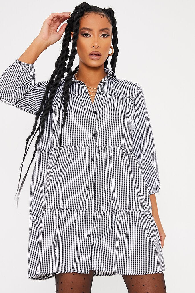 Black & White Woven Gingham Tiered Smock Shirt Dress