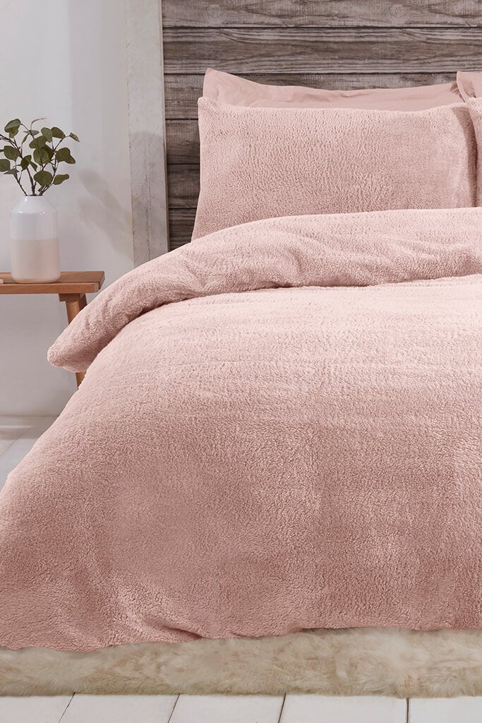 grey and pink teddy bedding