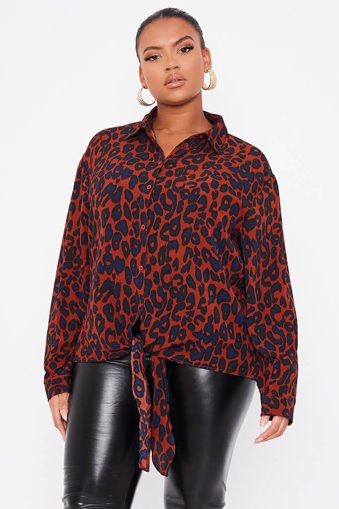 Rust Plus Tie Front Leopard Print Blouse