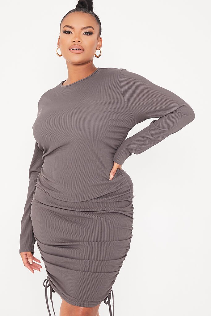 Charcoal Plus Rib Long Sleeve Ruched Bodycon Dress