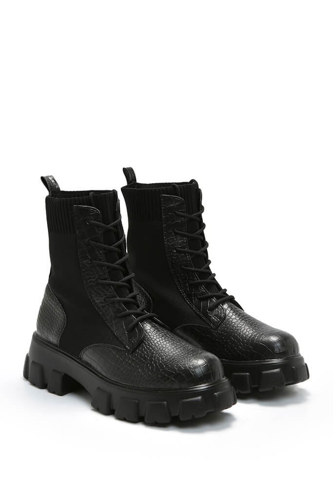 Black Knitted Lace Up Chunky Boot Croc