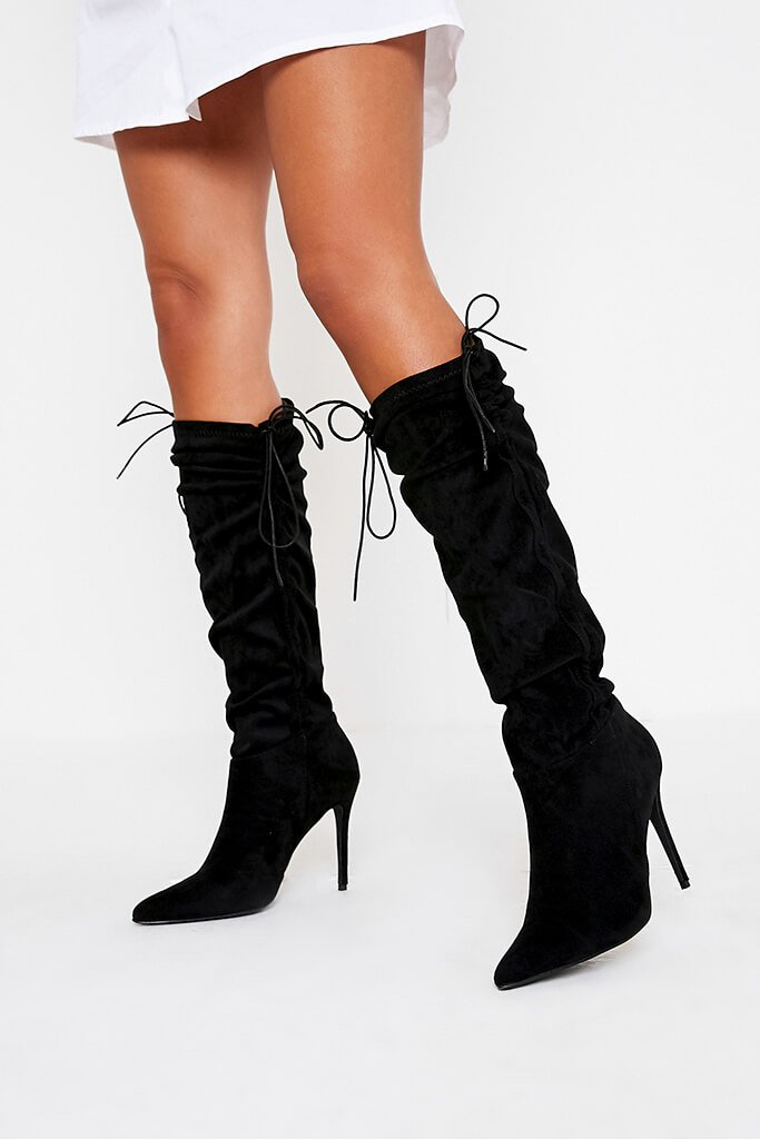 Black Ruched Side Heeled Knee High Boots