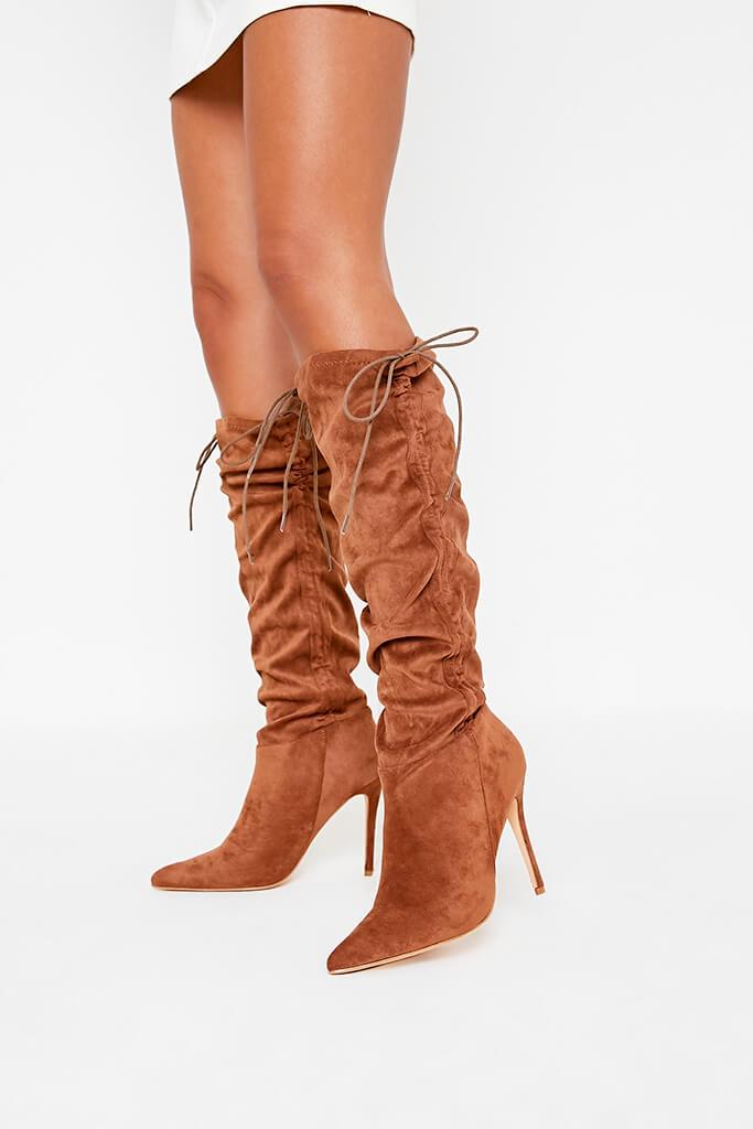 Tan Ruched Side Heeled Knee High Boots