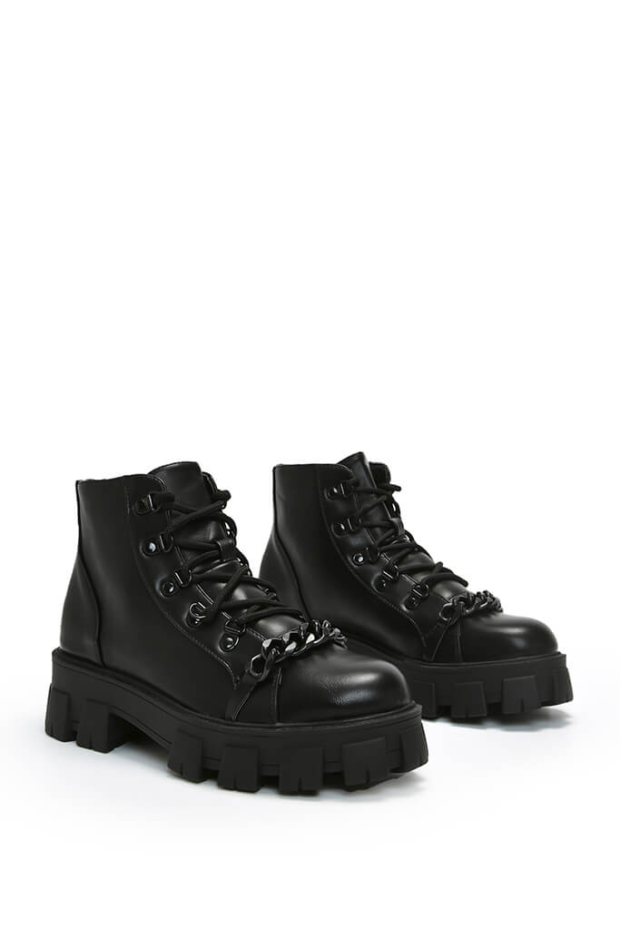 Black Chunky Chain Lace Up Ankle Boots