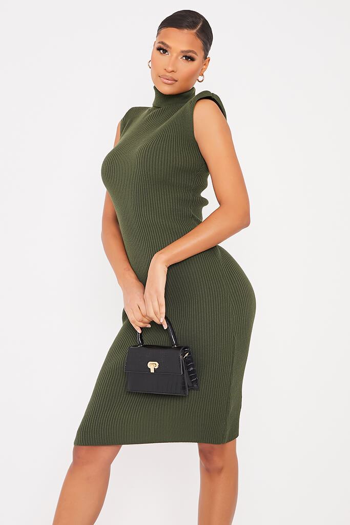 Olive Green Shoulder Pad Sleeveless Roll Neck Midi Dress