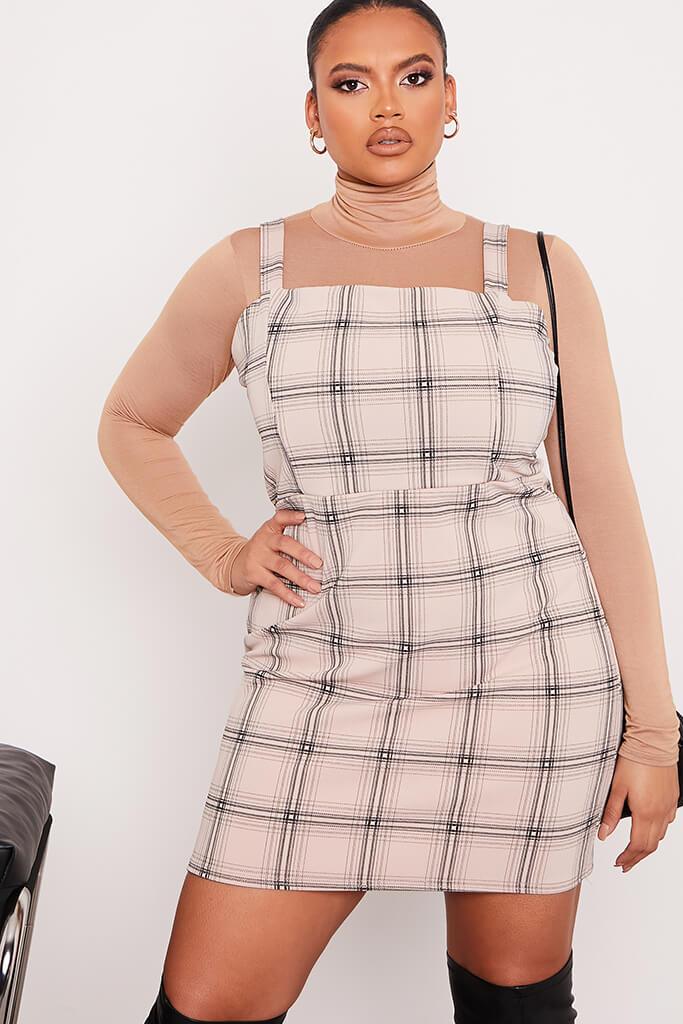 Beige Plus Check Pinafore Dress