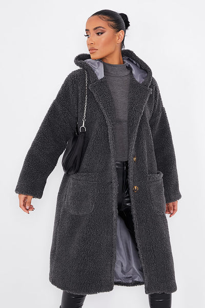 Charcoal Long Line Hooded Borg Coat | Coats & jackets | Borg | I SAW IT ...