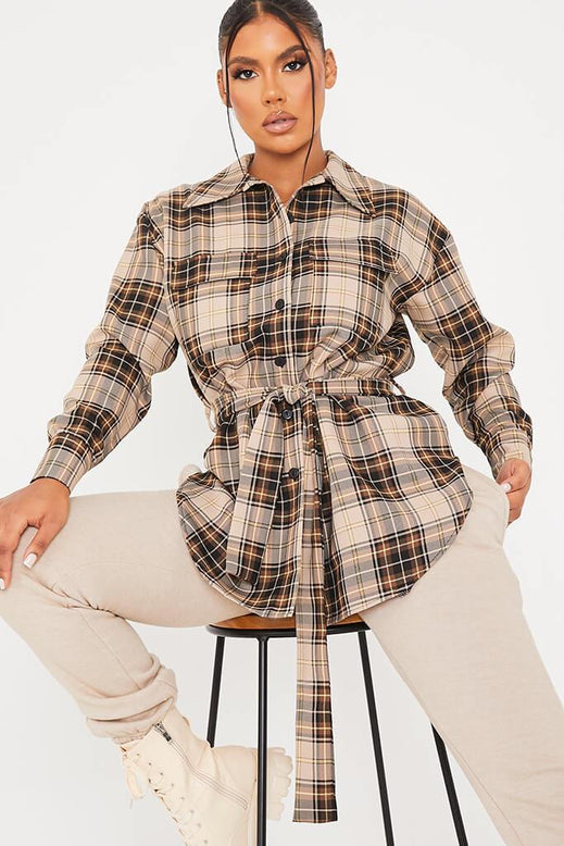 Brown Woven Check Pocked Belted Shirt