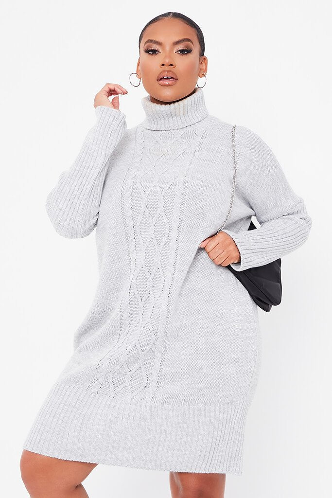 Grey Plus Cable Knit Detail Roll Neck Dress