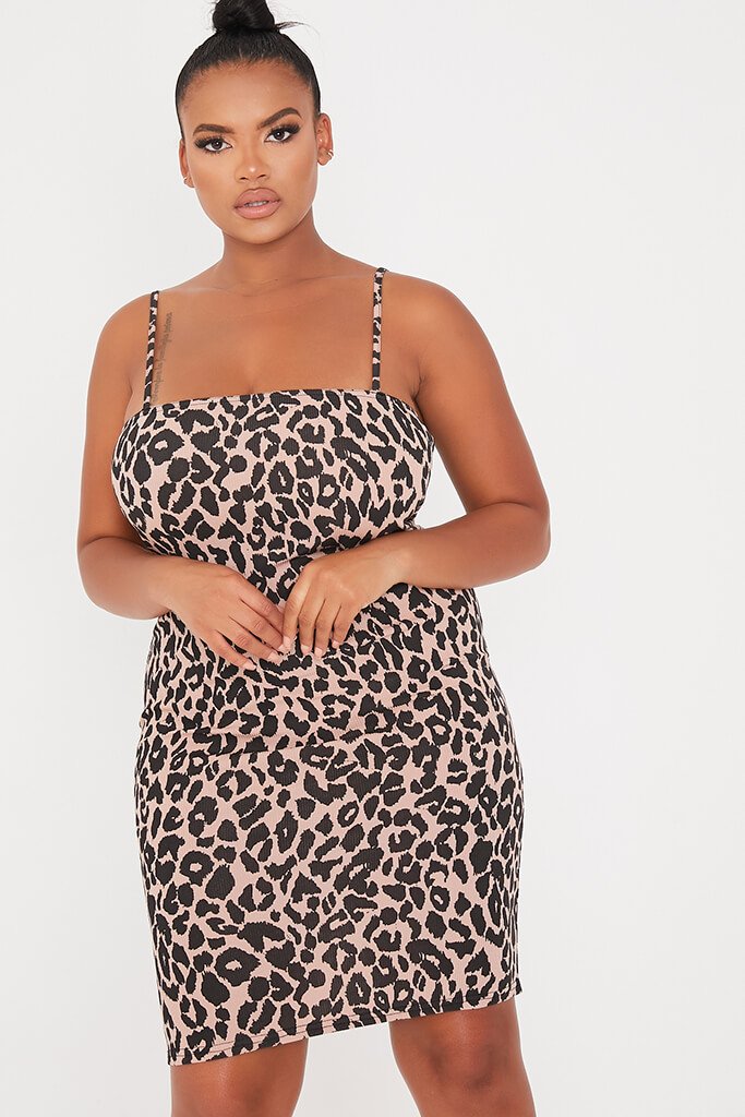 Stone Plus Leopard Print Ribbed Square Neck Bodycon Dress