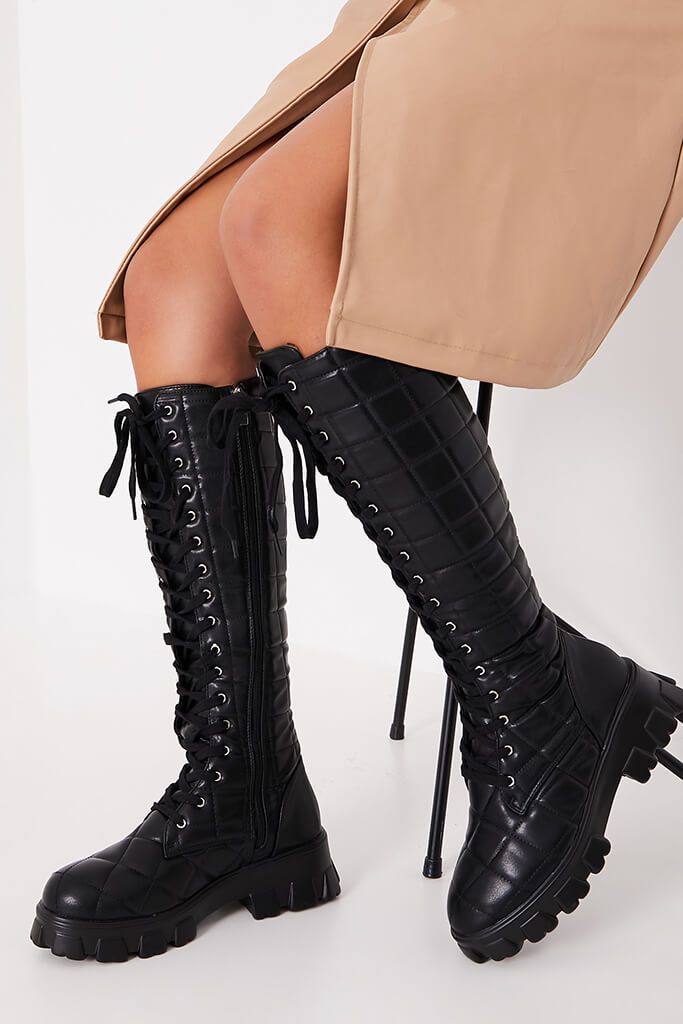 Black Quilted Chunky Sole Lace Up Knee High Boots