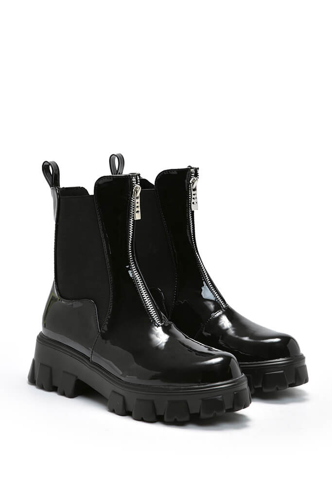 Black Chunky Sole Chelsea Boot Zip Front Patent