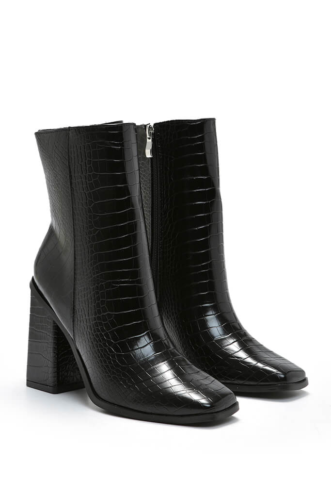 Black Square Toe Heeled Ankle Boot Croc