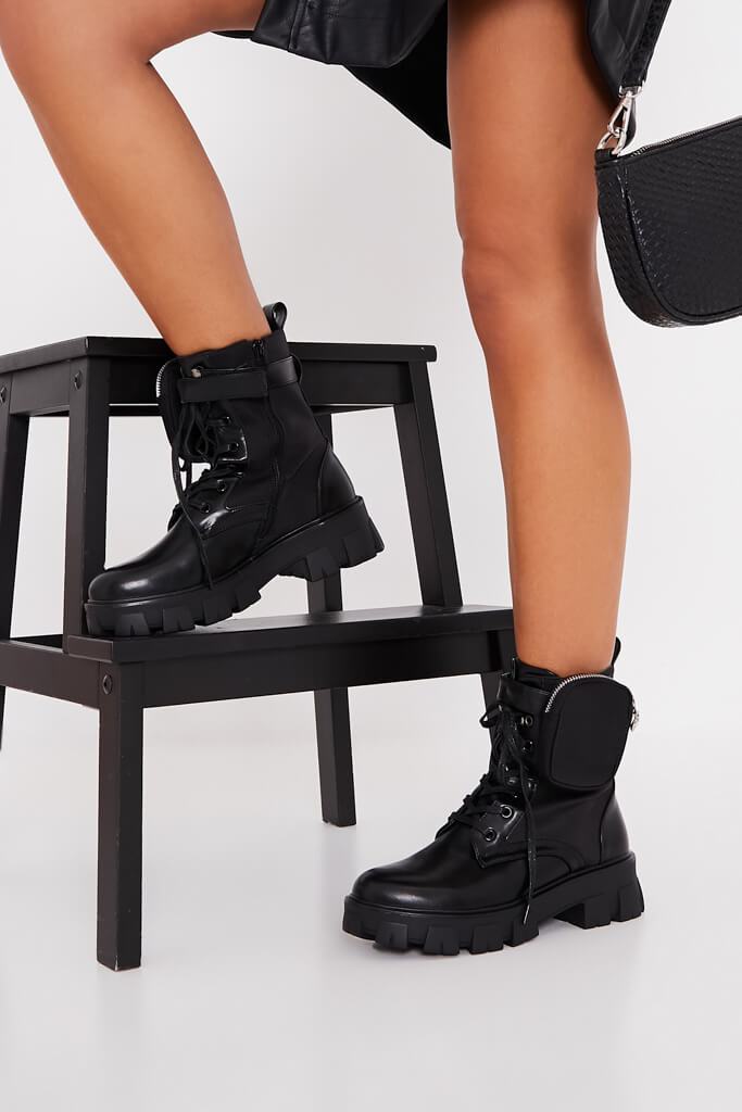 Black Pocket Detail Chunky Boot