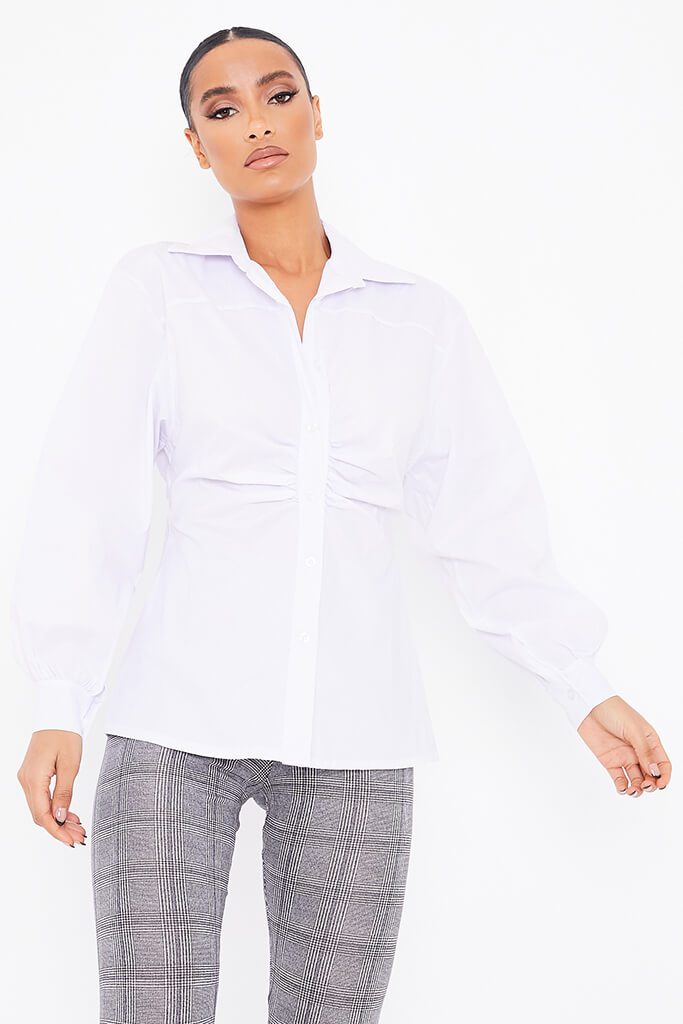 White Ruched Front Cotton Shirt