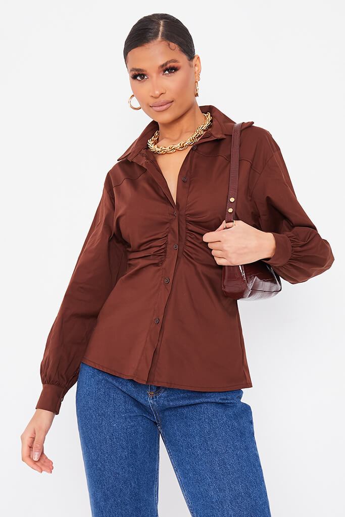 Chocolate Ruched Front Cotton Shirt