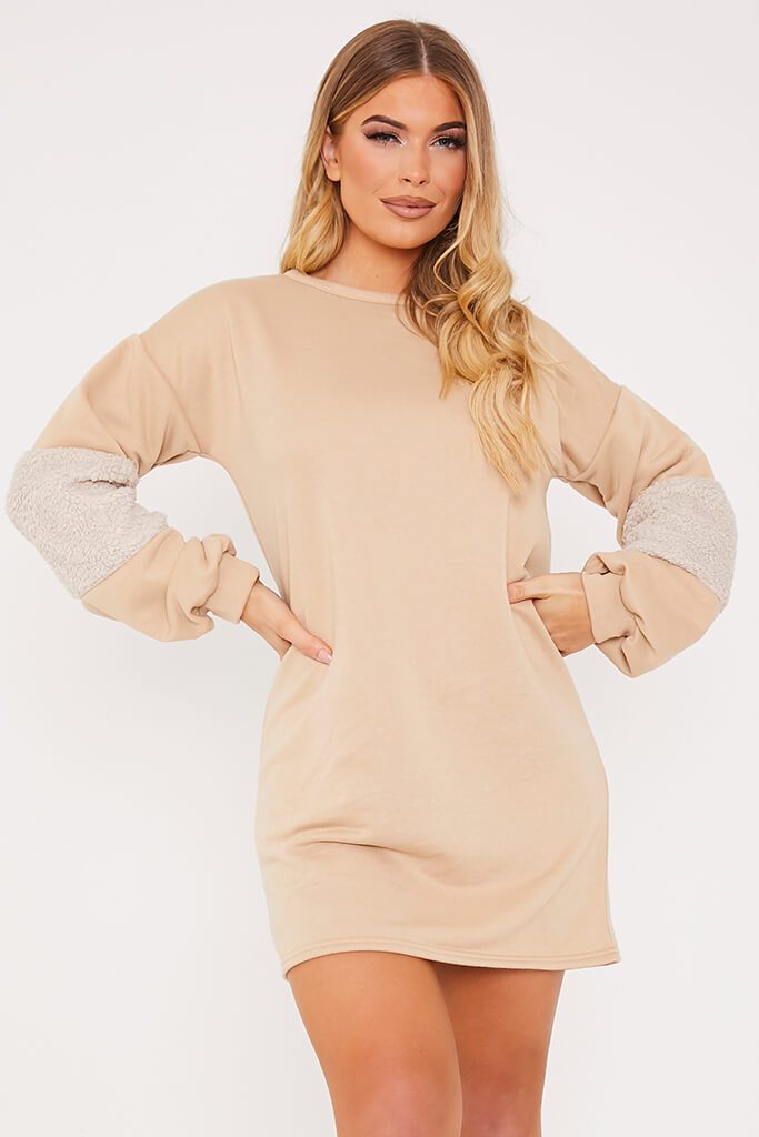 Camel Borg Stripe Sweater Dress