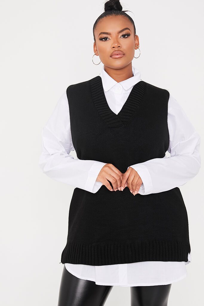 Black Plus 2-In-1 Knitted Vest And Poplin Shirt