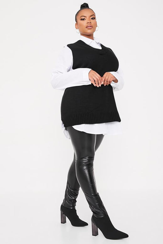 Black Plus Size Two In One Knitted Vest And Poplin Shirt