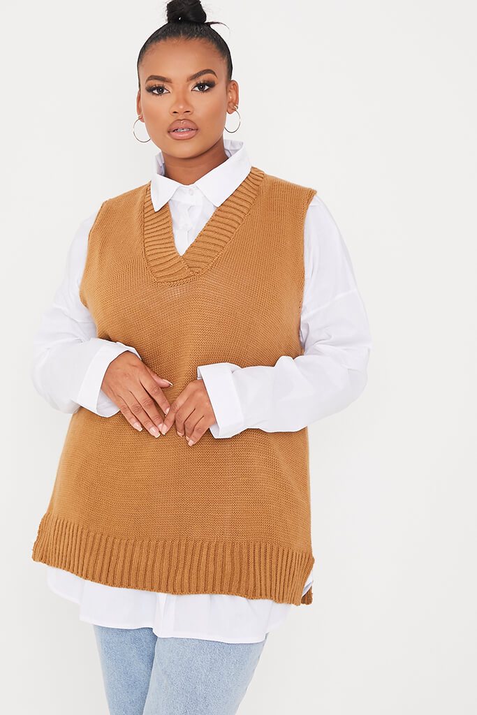 Camel Plus 2-In-1 Knitted Vest And Poplin Shirt