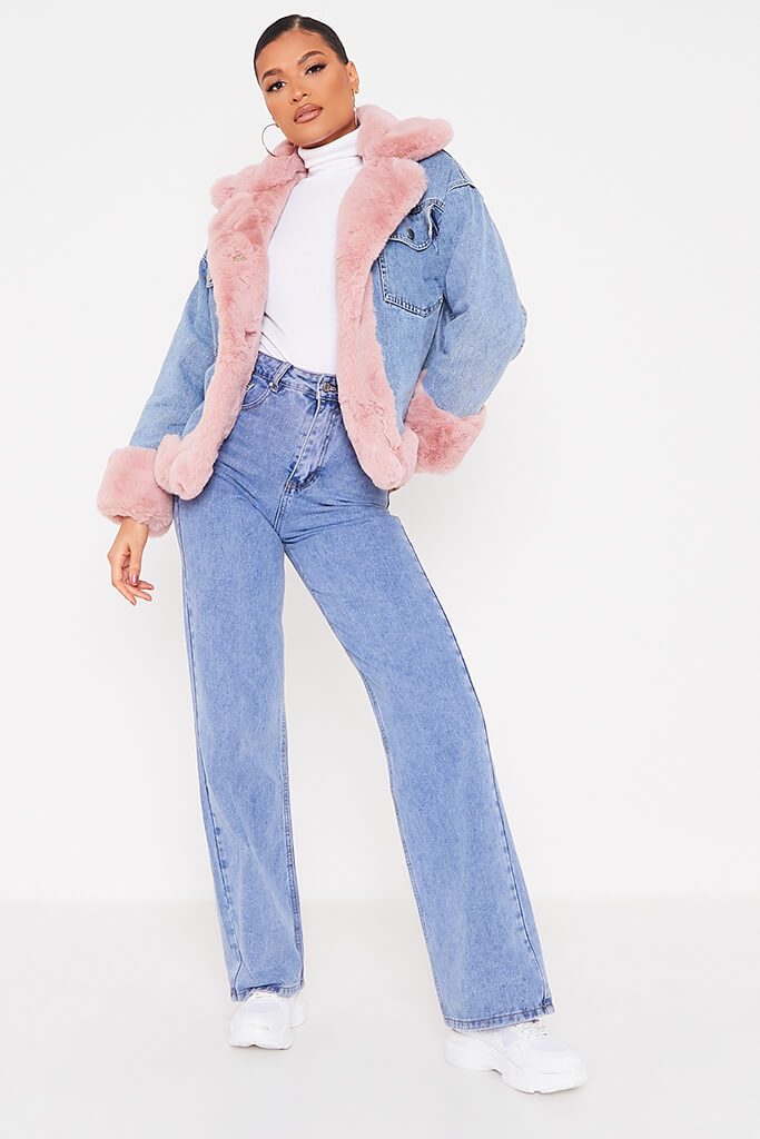 Mid Wash Denim Jacket With Pink Faux Fur Trim | Denim jacket | I SAW IT ...