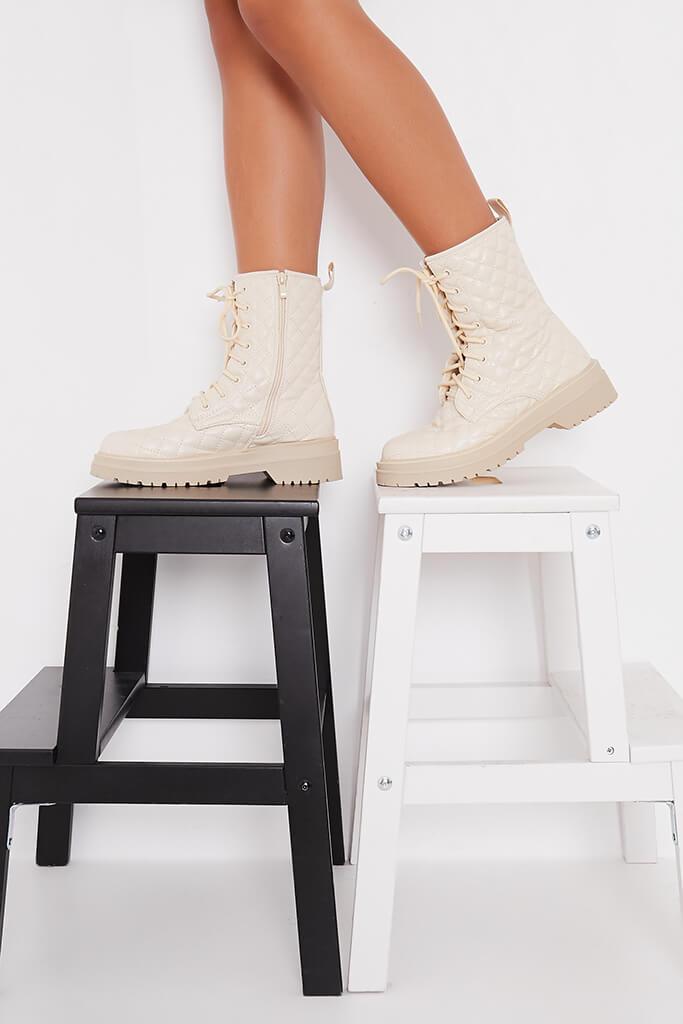 Stone Quilted Lace Up Chunky Boots