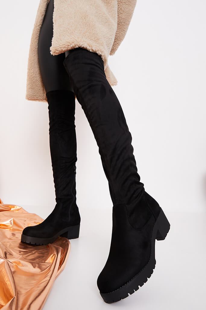 Black Faux Suede Chunky Sole Over The Knee Boots